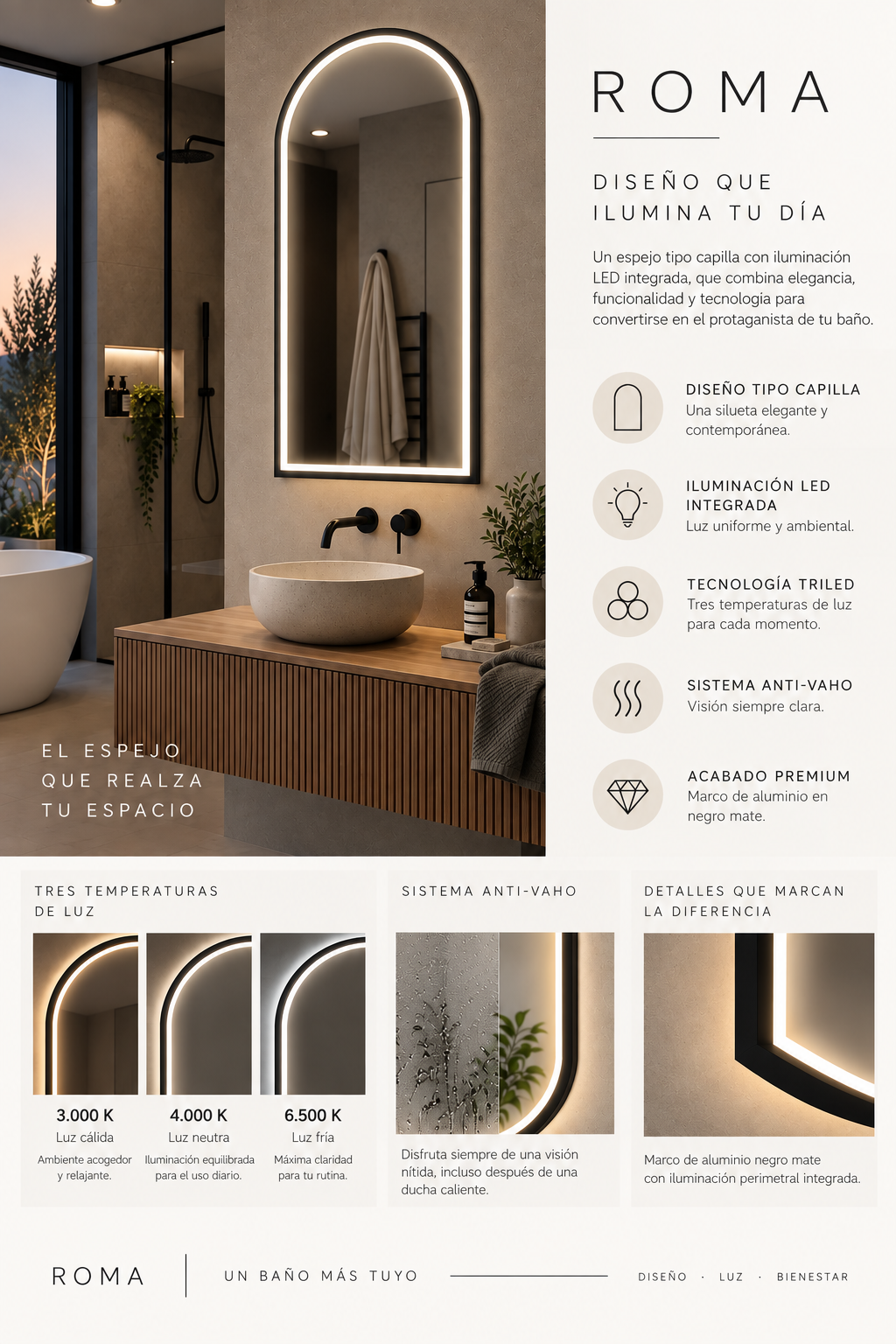 Espejo de baño con luz LED ovalado con luz perimetral en el marco · Modelo ROMA