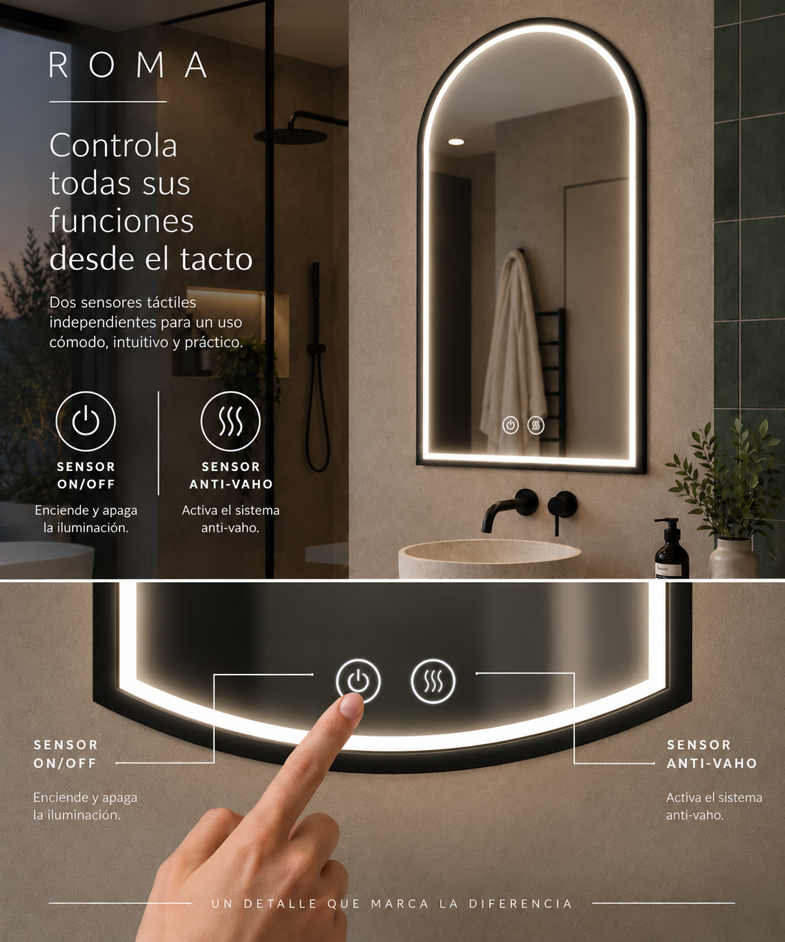 Espejo de baño con luz LED ovalado con luz perimetral en el marco · Modelo ROMA