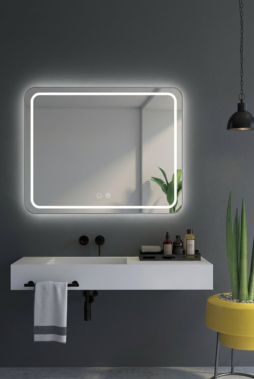 Espejo de baño con luz LED rectangular, con luz frontal y ambiental · Modelo GRECIA