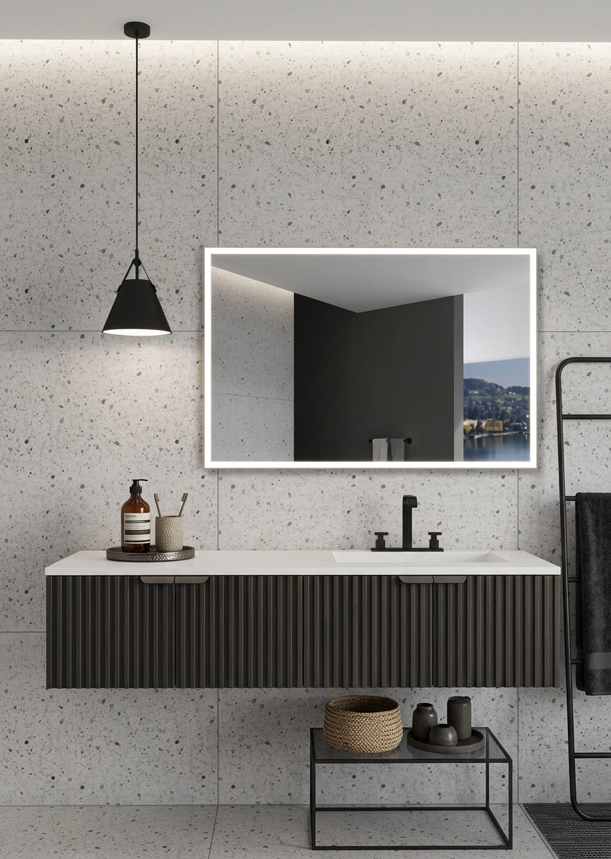 Espejo de baño con luz LED frontal rectangular · Modelo cuadrado con luz frontal Suiza TRILED