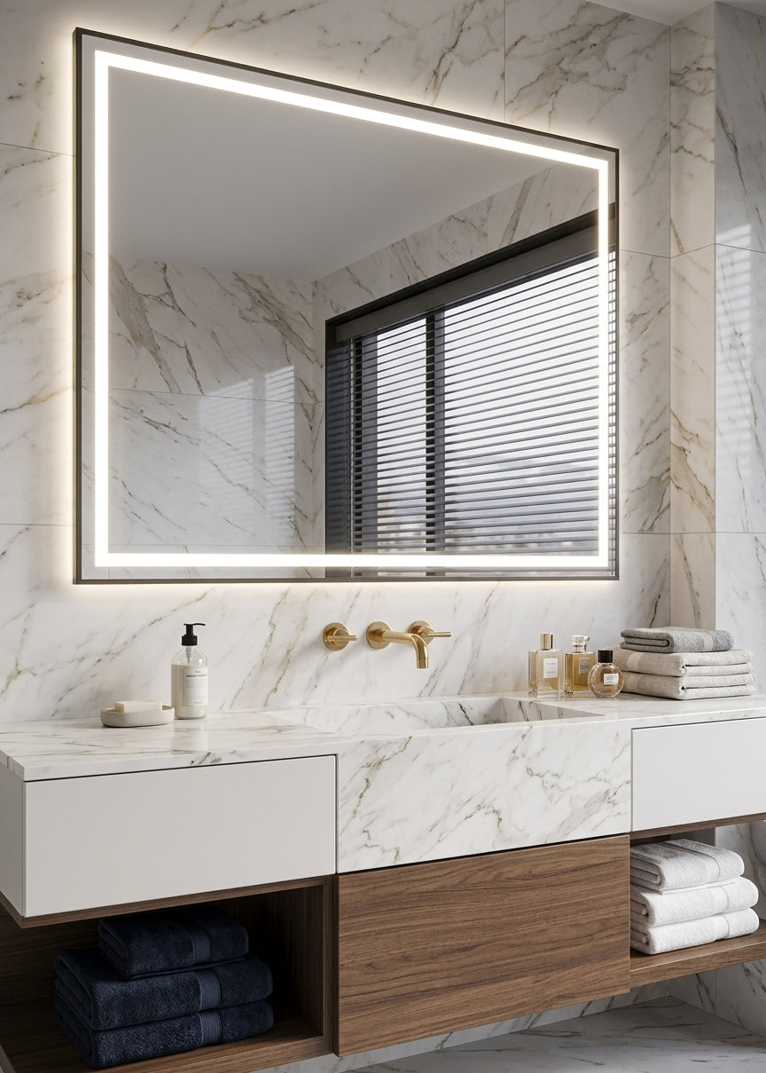 Espejo de baño y vestidor con luz LED rectangular retroiluminado · Doble Touch (Luz Bi-LED + Antivaho) · Entrega 24-72h · Modelo Runo EXPRESS