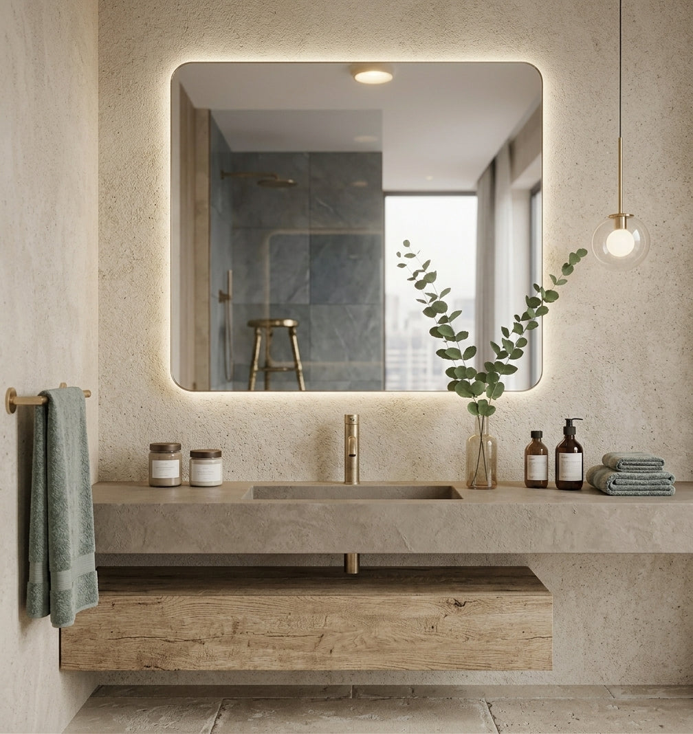 Espejo cuadrado CLEOME EXPRESS con esquinas redondeadas y luz retroiluminada en un baño de piedra con mueble de madera