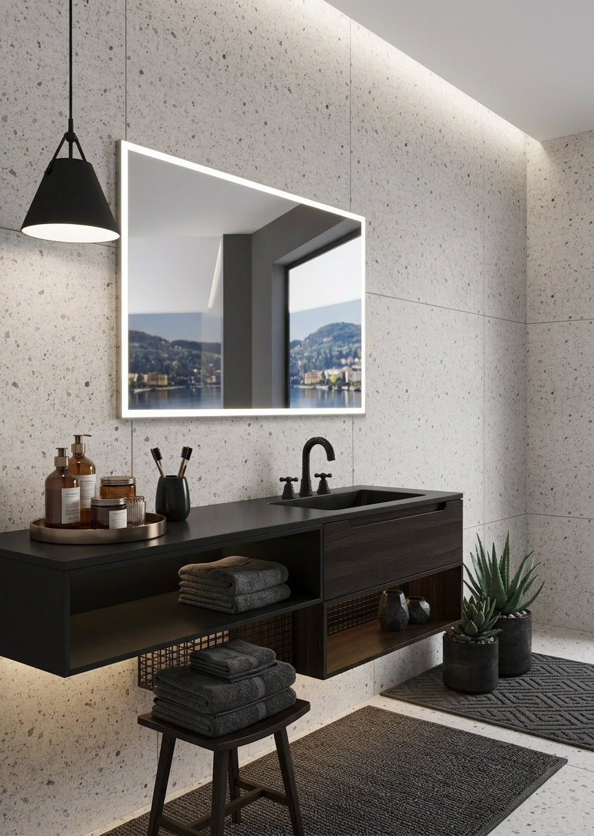 Espejo de baño con luz LED frontal rectangular · Modelo cuadrado con luz frontal Suiza TRILED
