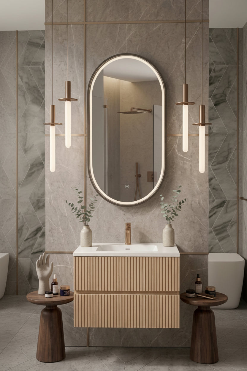 Espejo de baño con luz LED ovalado con luz perimetral en el marco · Modelo RIO (Marco Negro)