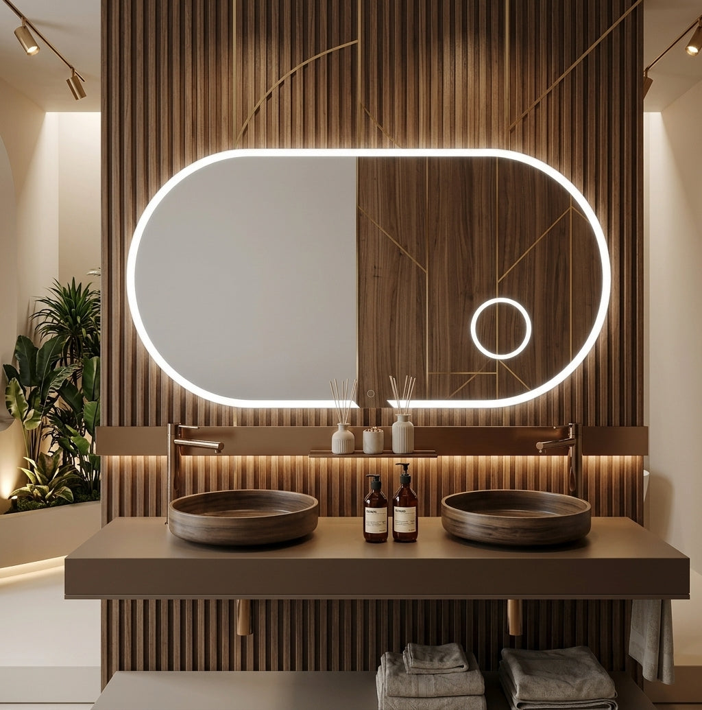 Espejo de baño con luz LED ovalado con luz en marco iluminado · Modelo INDIANA