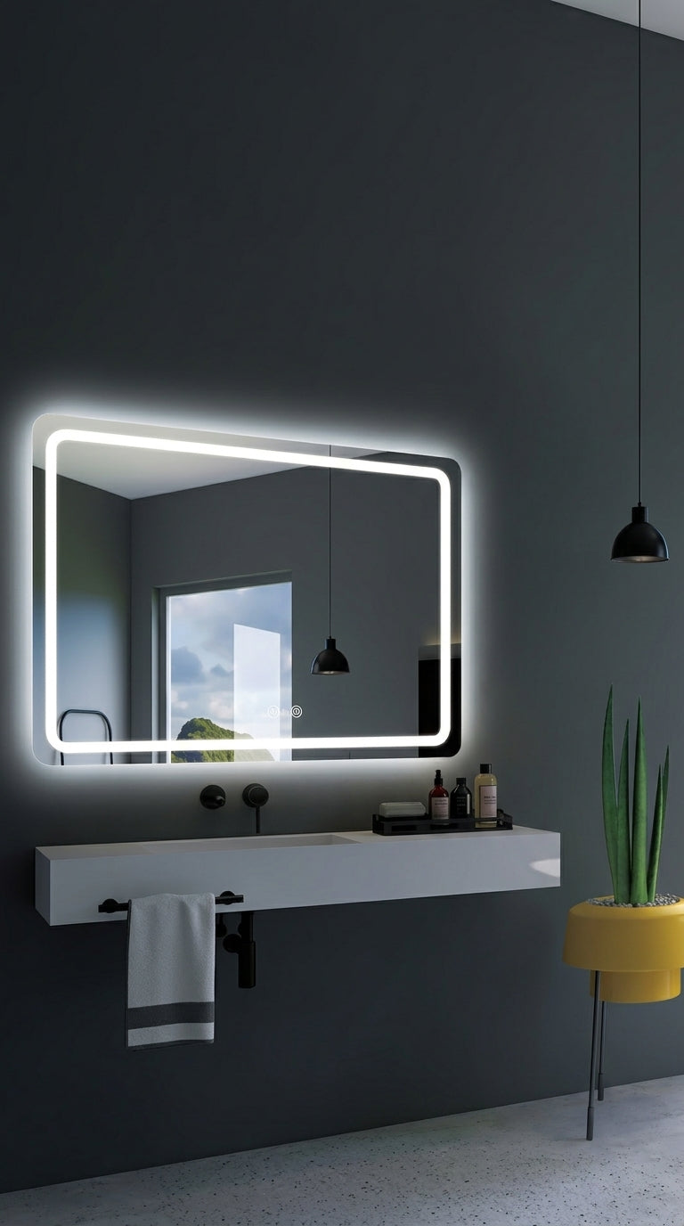 Espejo de baño con luz LED rectangular, con luz frontal y ambiental · Modelo GRECIA