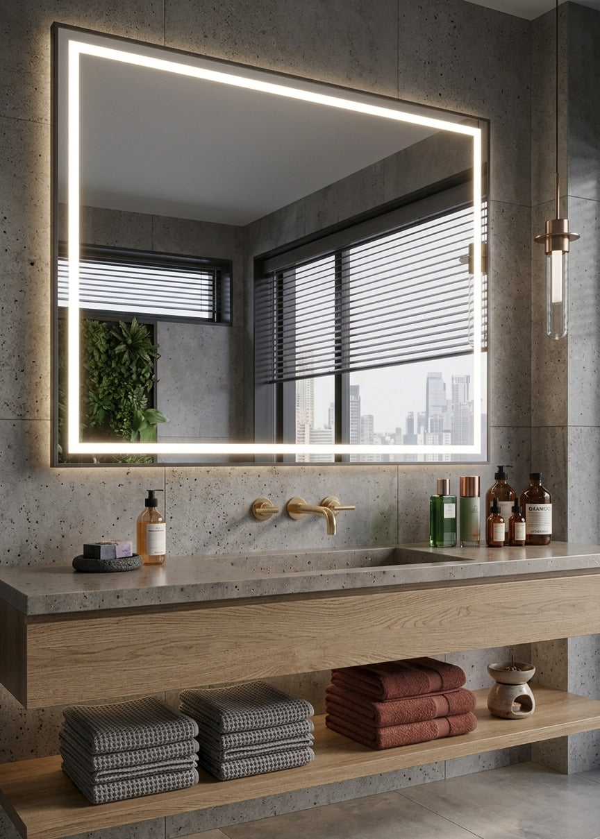 Espejo de baño y vestidor con luz LED rectangular retroiluminado · Doble Touch (Luz Bi-LED + Antivaho) · Entrega 24-72h · Modelo Runo EXPRESS