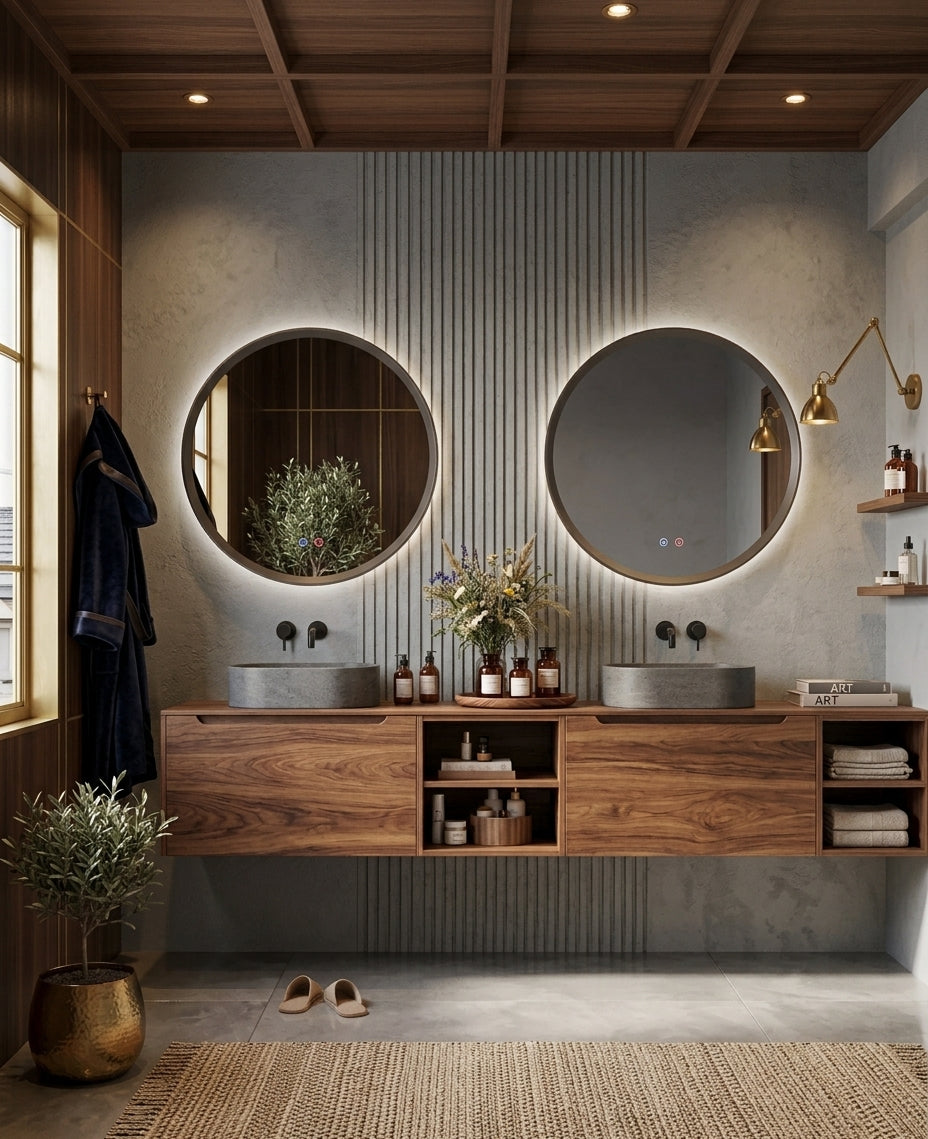 Espejo de baño con luz LED redondo con luz retroiluminada y perimetral · Modelo TORINO