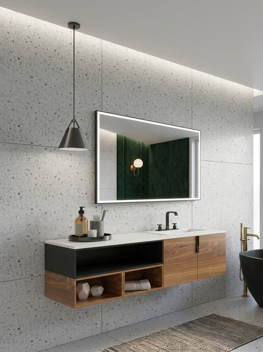 Espejo de baño con luz LED frontal rectangular · Modelo cuadrado con luz frontal Suiza TRILED