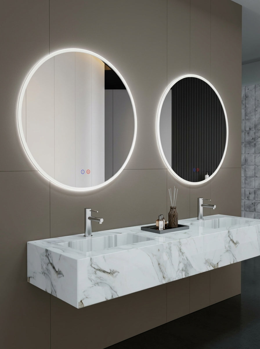 Espejo de baño con luz LED en marco iluminado redondo · Modelo ATENAS