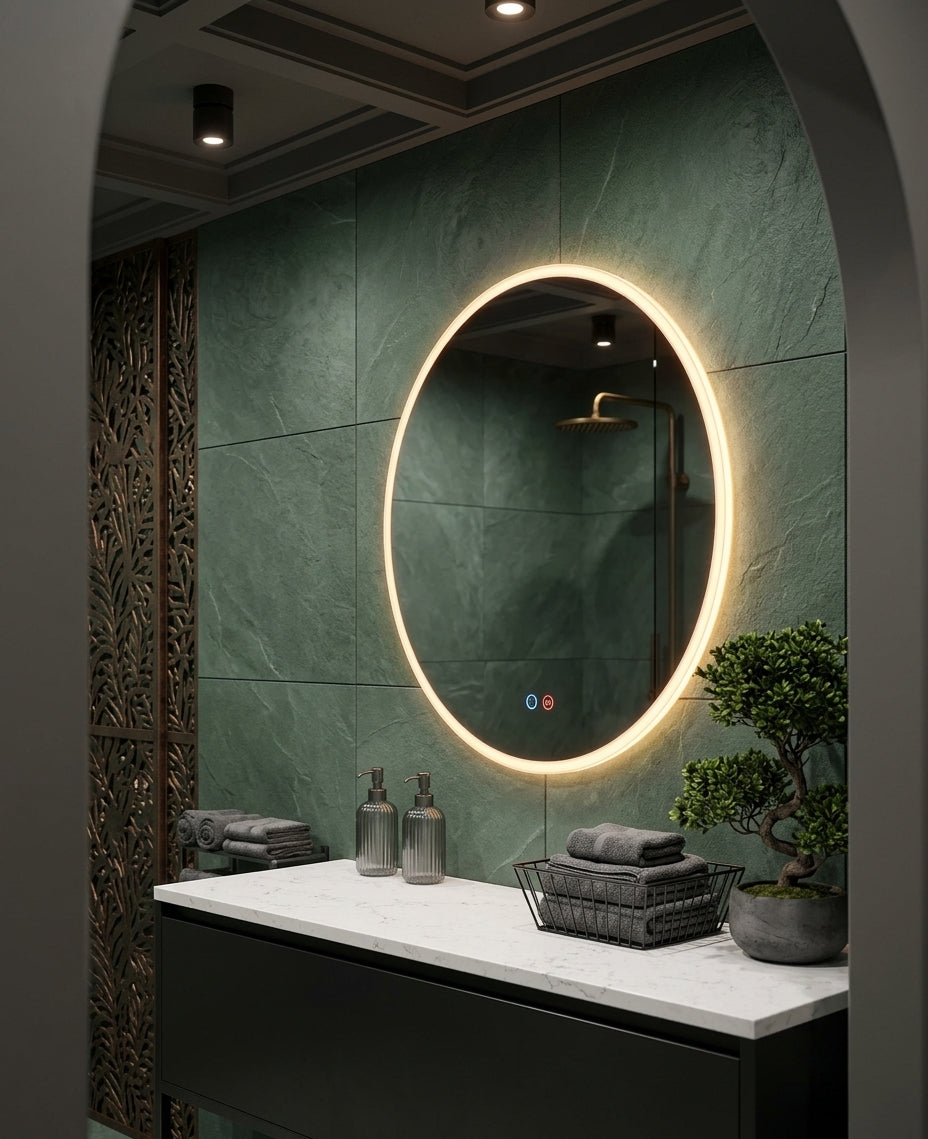 Espejo de baño con luz LED en marco iluminado redondo · Modelo ATENAS
