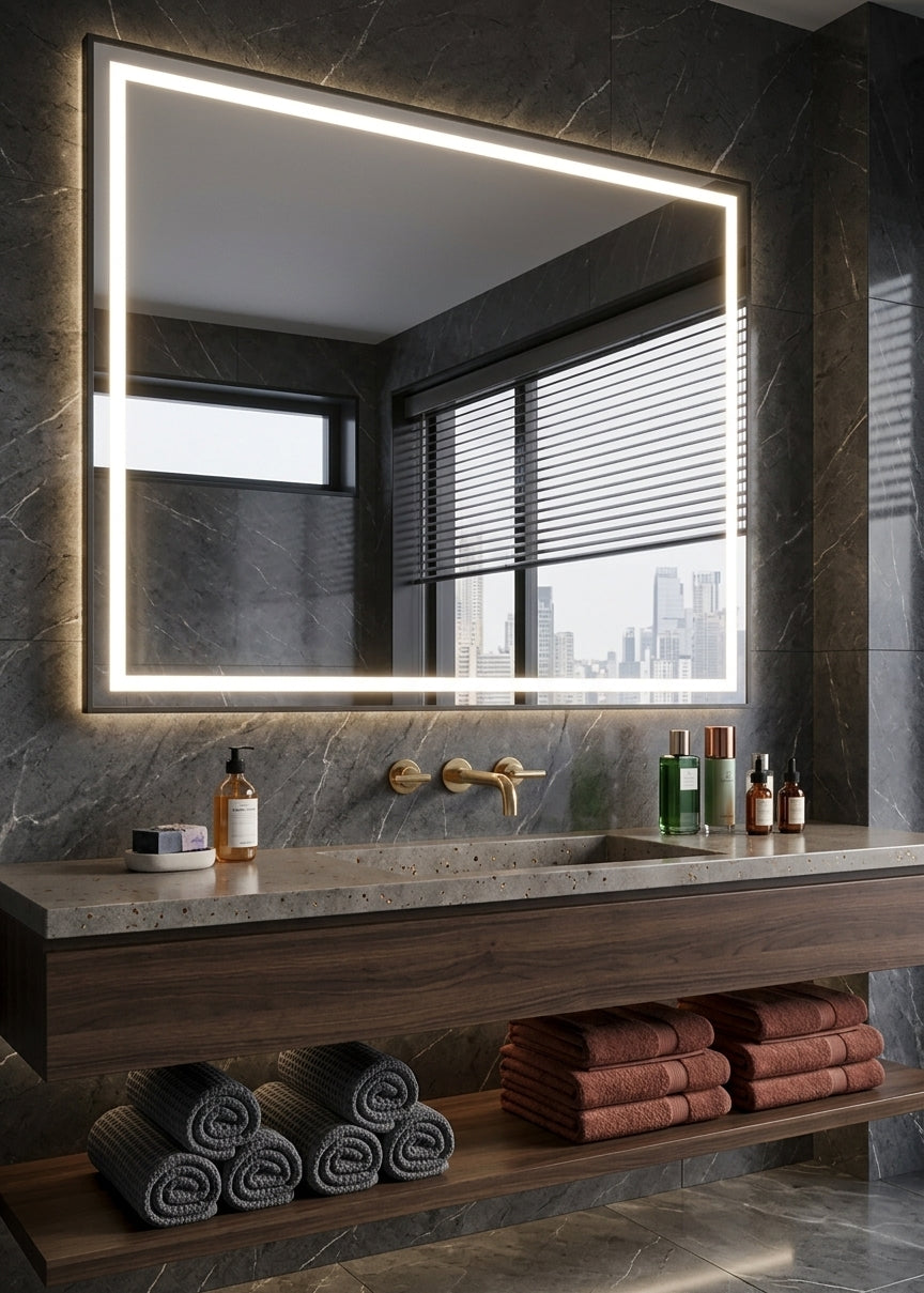 Espejo de baño y vestidor con luz LED rectangular retroiluminado · Doble Touch (Luz Bi-LED + Antivaho) · Entrega 24-72h · Modelo Runo EXPRESS