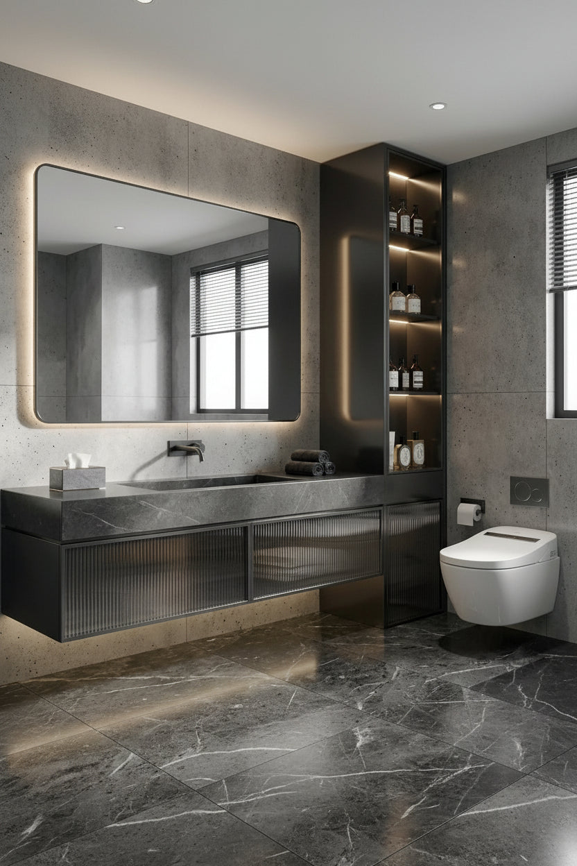 Espejo de baño con luz LED rectangular a medida, cantos redondeados y borde pintado · Modelo TUR