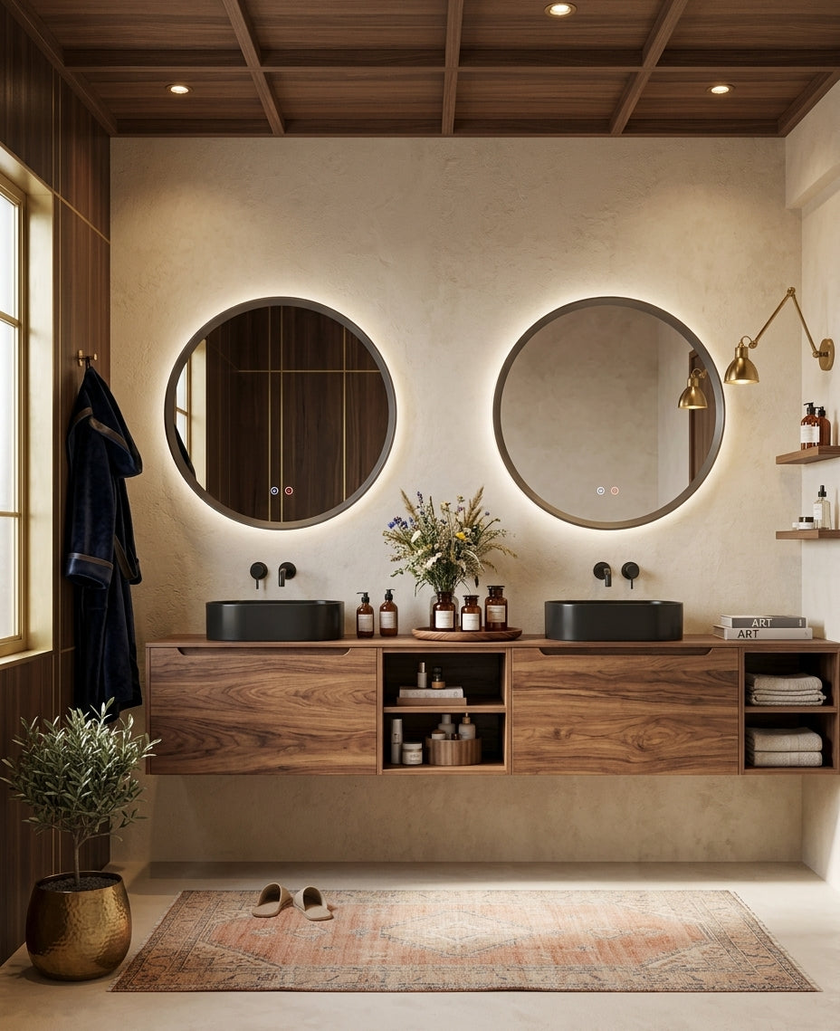 Espejo de baño con luz LED redondo con luz retroiluminada y perimetral · Modelo TORINO