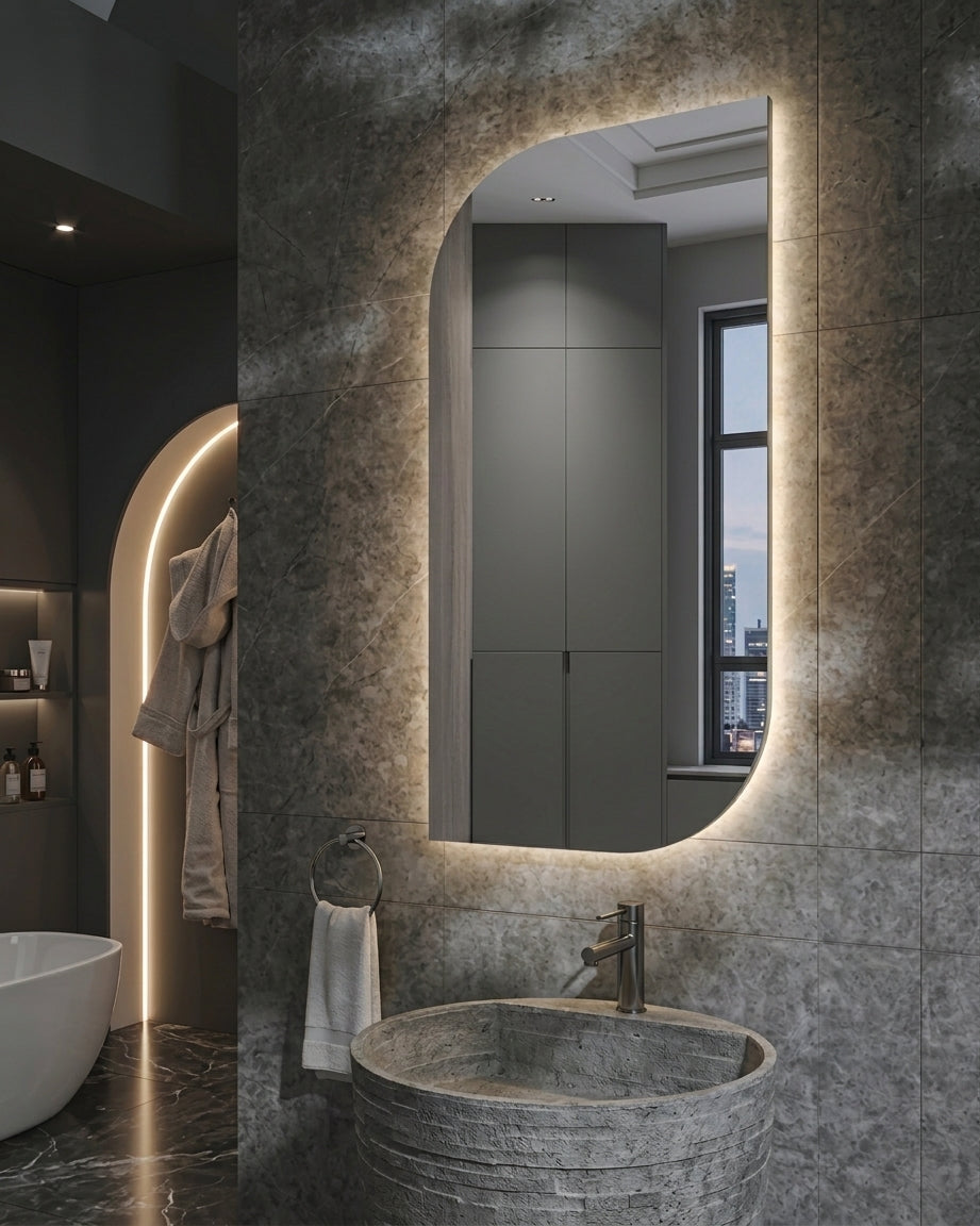 Espejo de baño con luz LED irregular retroiluminado · Modelo CARDIFF