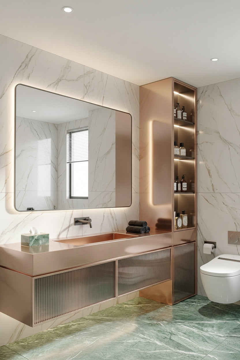 Espejo de baño con luz LED rectangular a medida, cantos redondeados y borde pintado · Modelo TUR