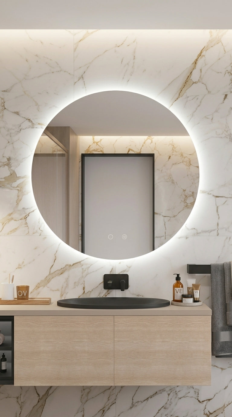 Espejo de baño con luz LED redondo retroiluminado · Modelo LISBOA