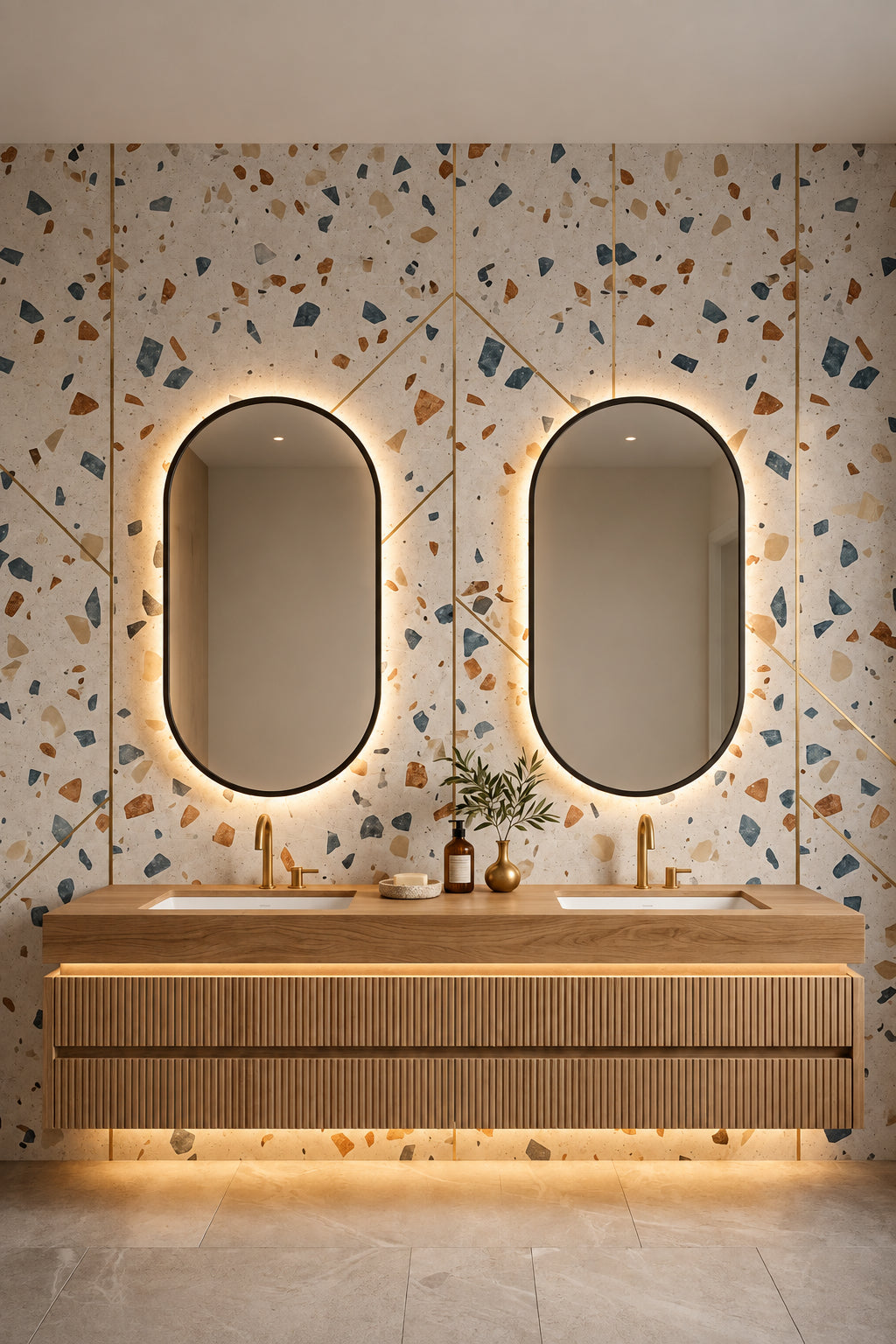 Espejo de baño con luz LED ovalado con luz perimetral en el marco · Modelo RIO (Marco Negro)