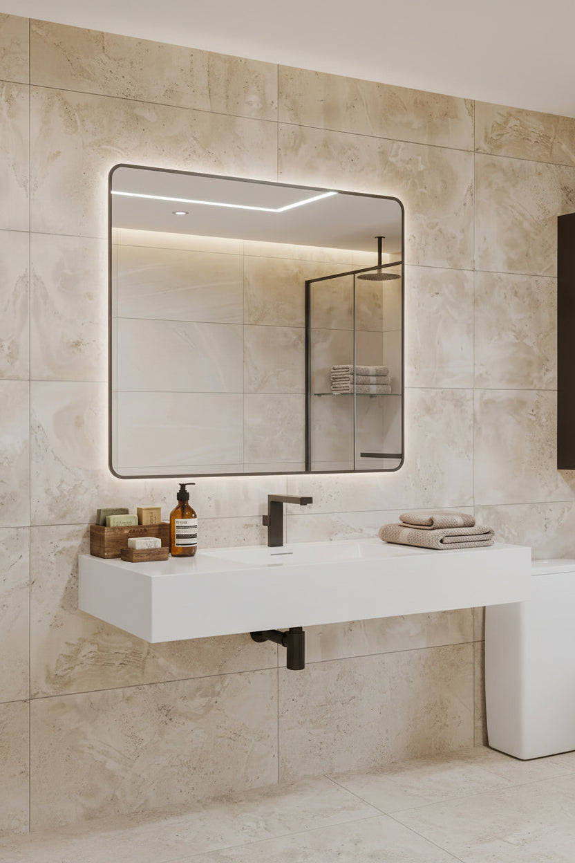 Espejo de baño con luz LED rectangular a medida, cantos redondeados y borde pintado · Modelo TUR