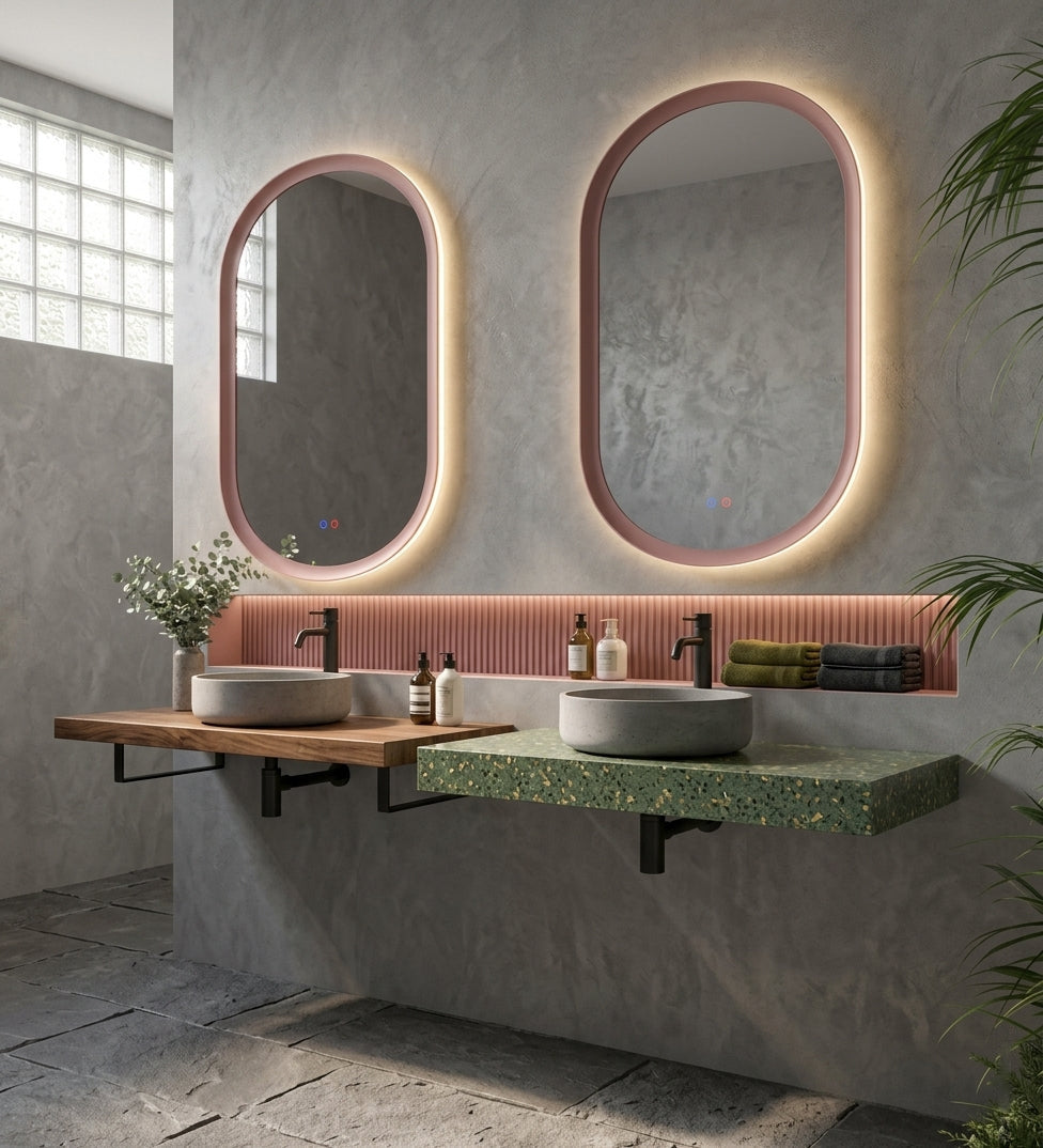 Espejo de baño con luz LED ovalado con luz retroiluminada y perimetral · Modelo MILANO