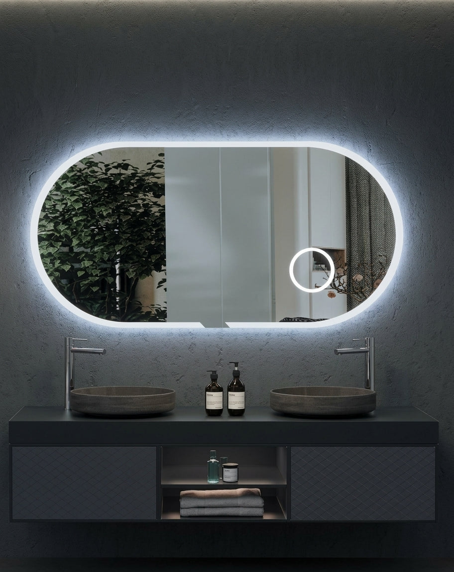 Espejo de baño con luz LED ovalado con luz en marco iluminado · Modelo INDIANA