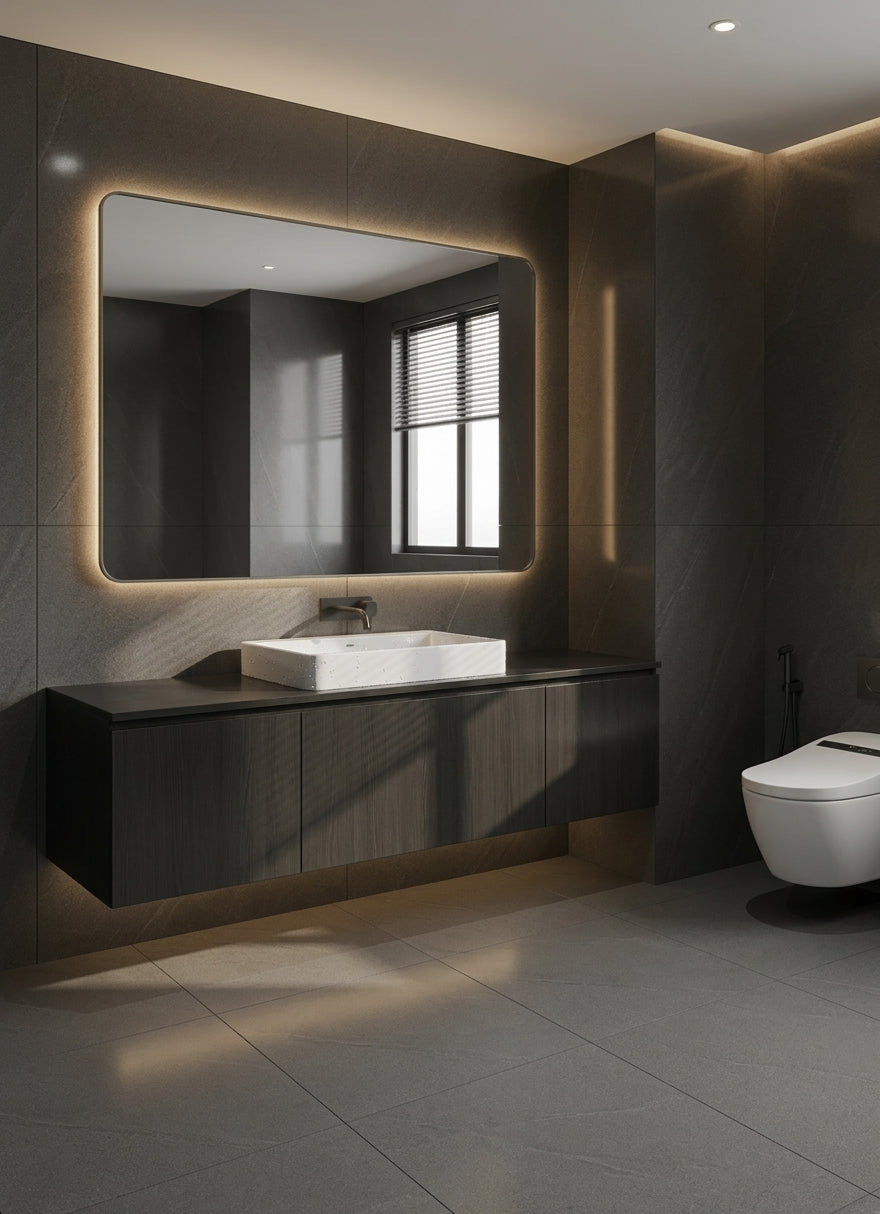 Espejo de baño con luz LED rectangular a medida, cantos redondeados y borde pintado · Modelo TUR