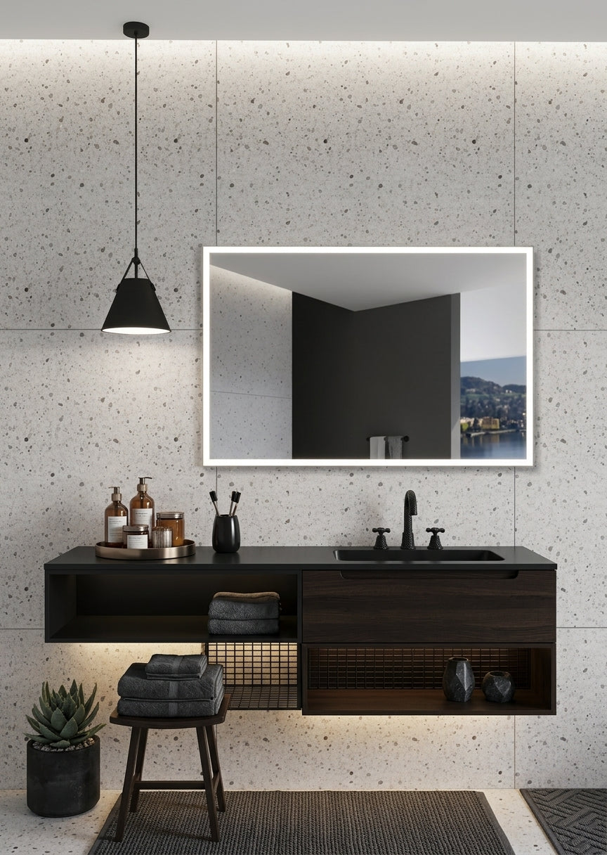 Espejo de baño con luz LED frontal rectangular · Modelo cuadrado con luz frontal Suiza TRILED