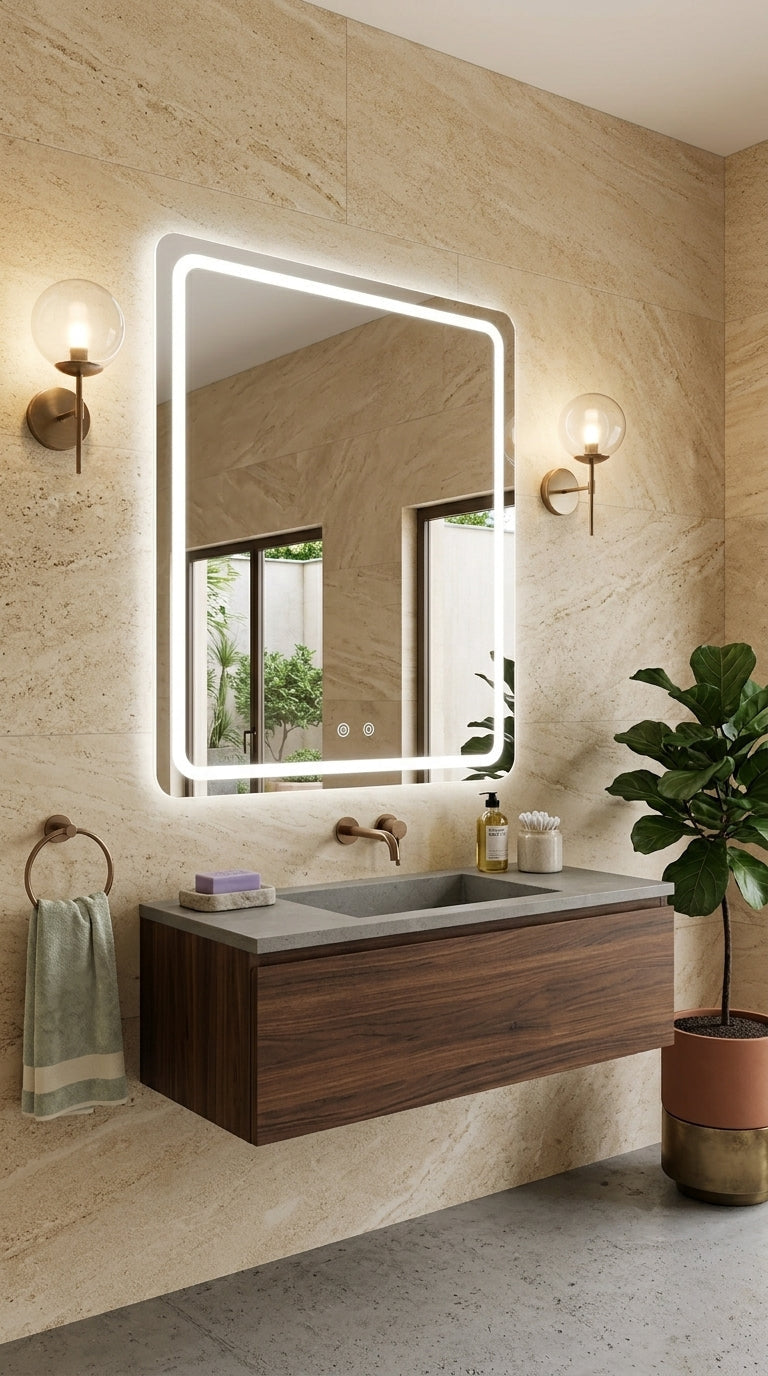 Espejo de baño con luz LED rectangular, con luz frontal y ambiental · Modelo GRECIA