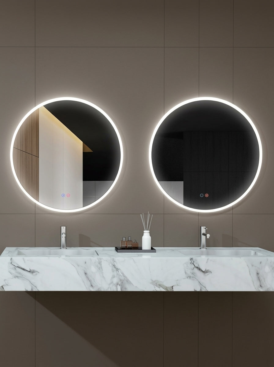 Espejo de baño con luz LED en marco iluminado redondo · Modelo ATENAS