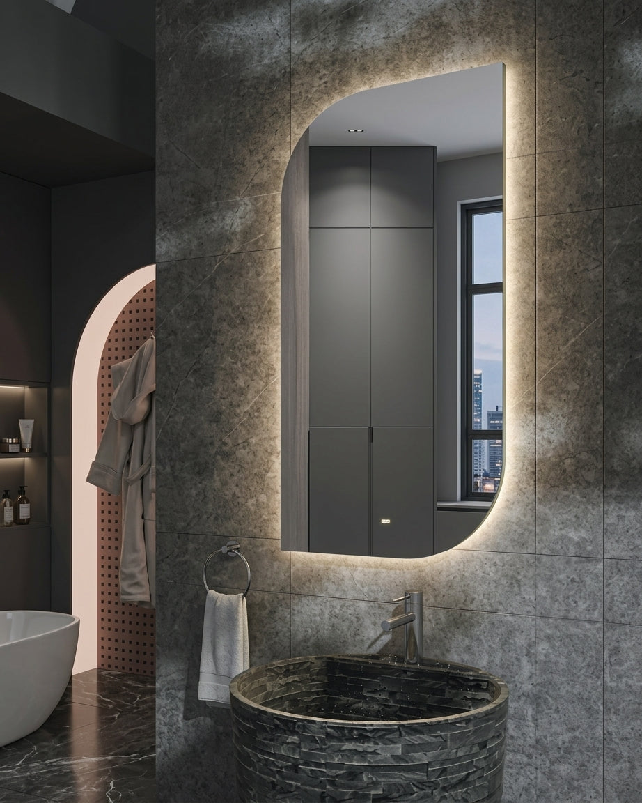 Espejo de baño con luz LED irregular retroiluminado · Modelo CARDIFF