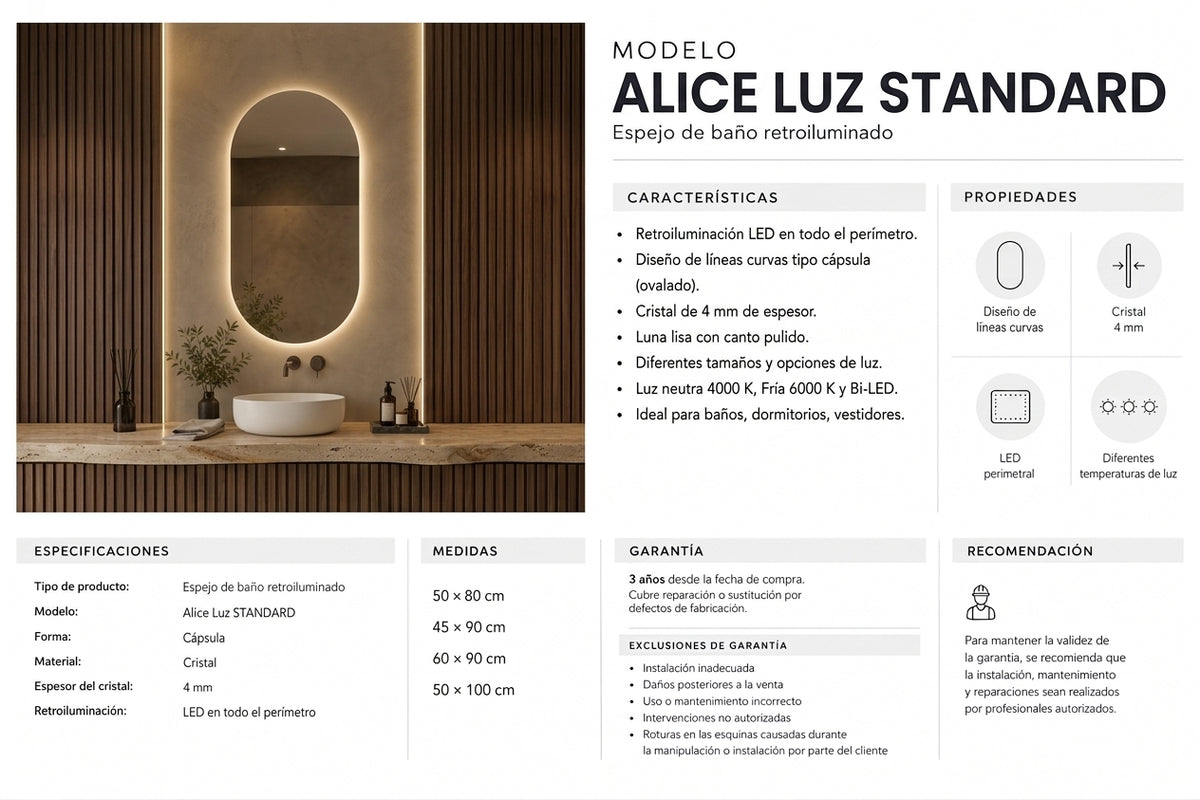 Espejo de baño ovalado con luz LED retroiluminado · Entrega 24-72h · Modelo Alice Luz EXPRESS