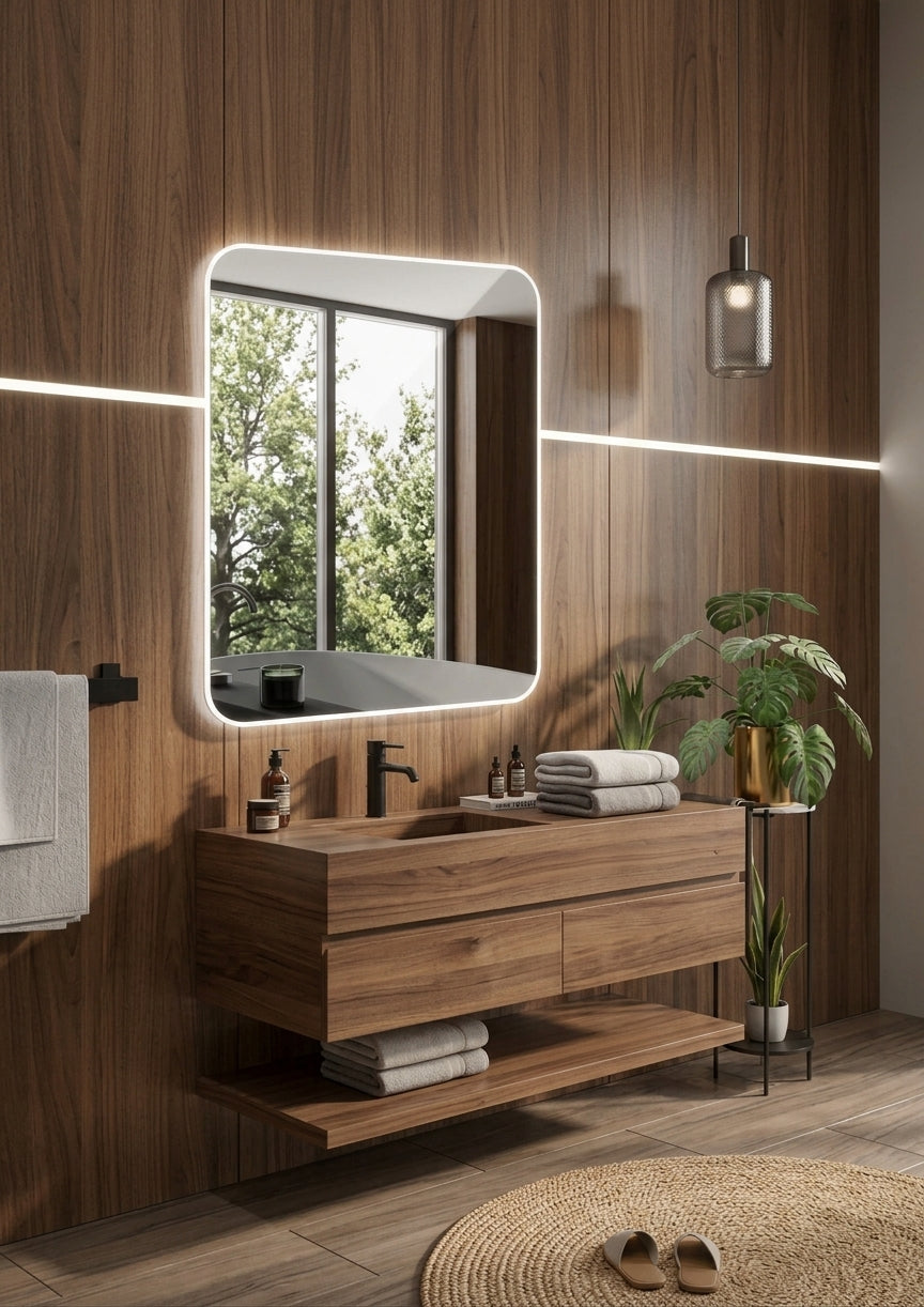 Espejo de baño con luz LED rectangular retroiluminado · Modelo DINAMARCA
