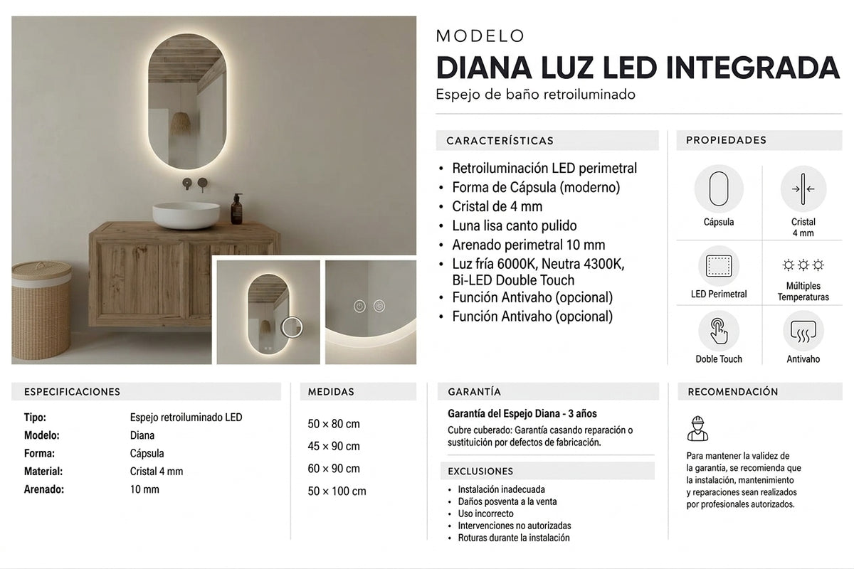 Espejo de baño ovalado con luz LED retroiluminado entrega 24-72h · Modelo Diana EXPRESS