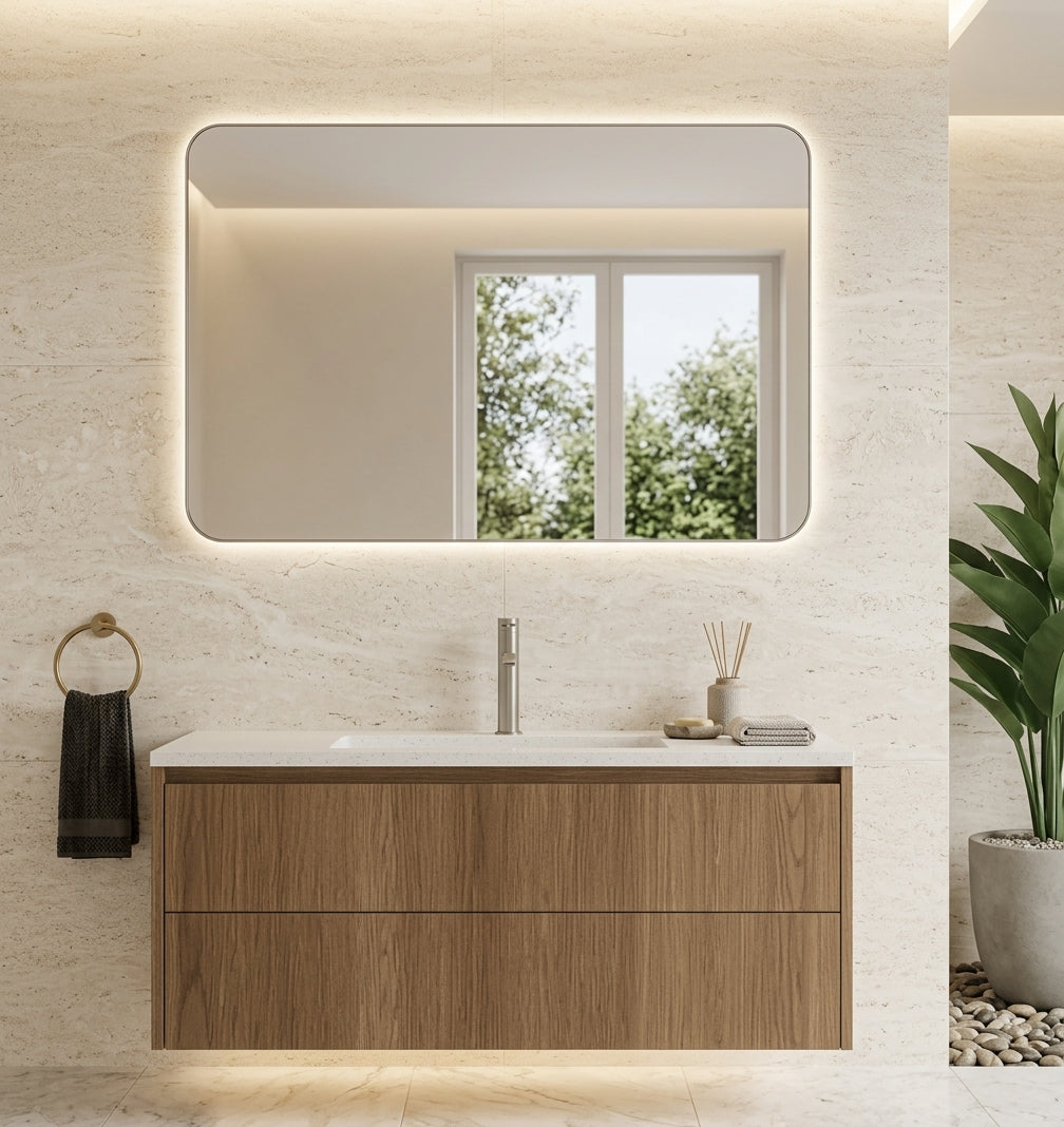 Espejo rectangular CLEOME EXPRESS con luz retroiluminada sobre un mueble de madera en un baño de tonos claros
