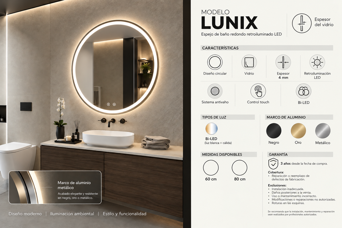Espejo de Baño con Luz LED Redondo Retroiluminado · Doble Touch (Luz Bi-LED + Antivaho) · LUNIX EXPRESS · Entrega 24-72h