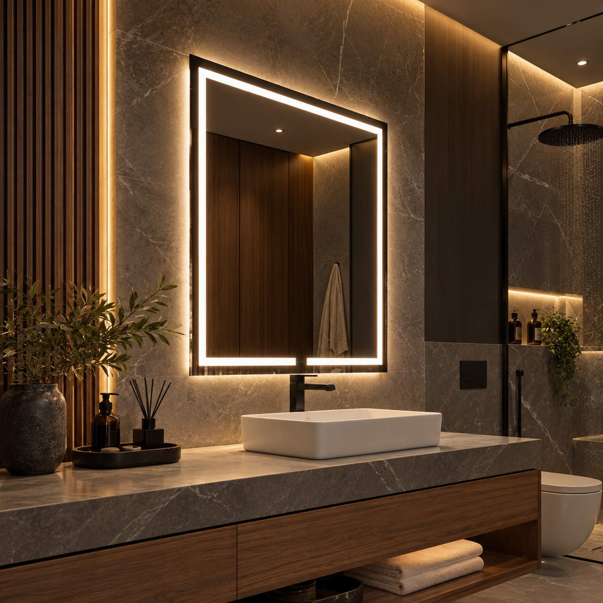 Espejo rectangular THEMIX con luz frontal y halo ambiental sobre un mueble de baño de madera
