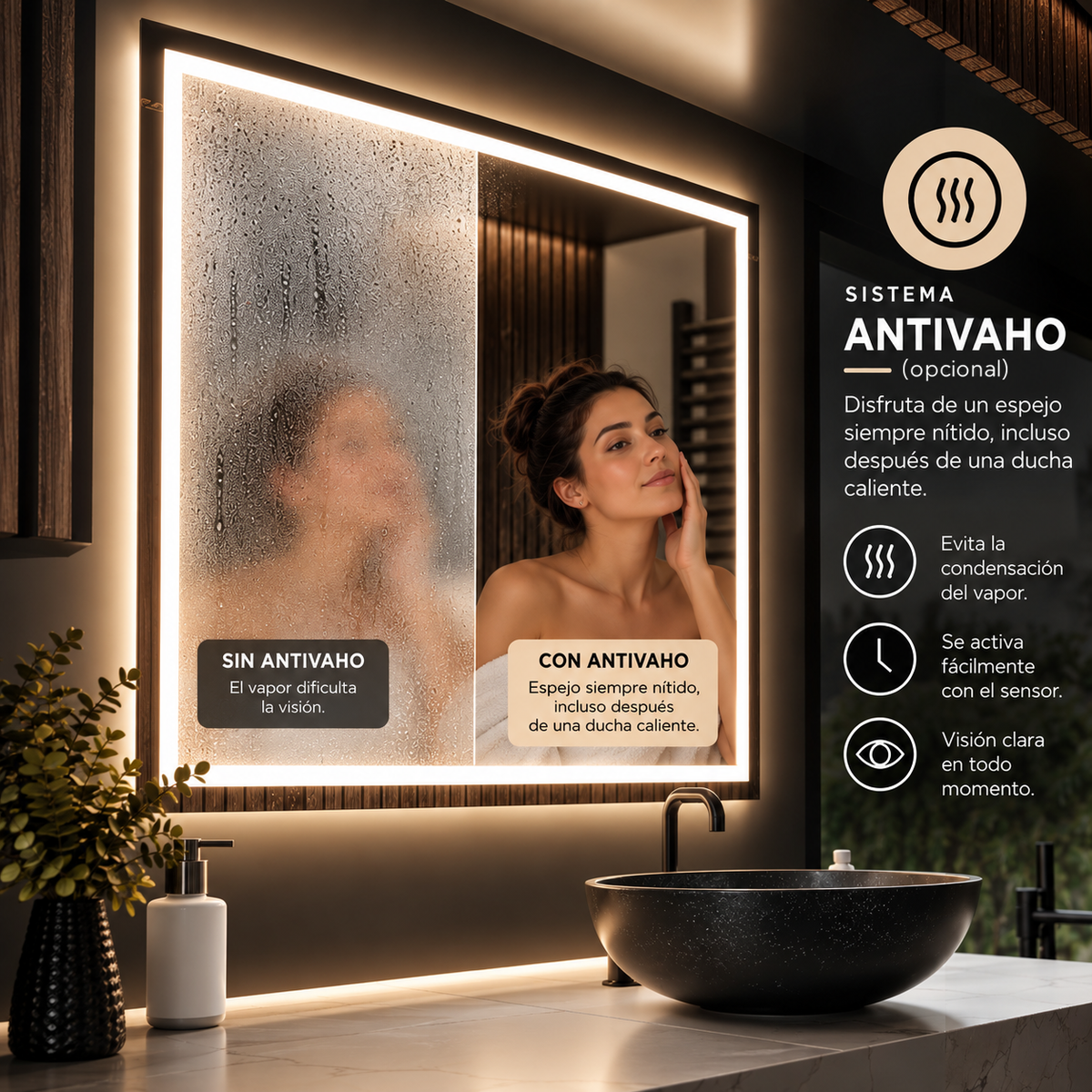 Espejo THEMIX con lámina antivaho opcional: comparación con y sin vapor
