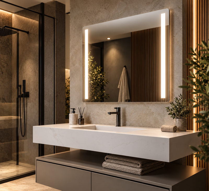 Espejo de baño con luz LED frontal rectangular a medida · Modelo ACER