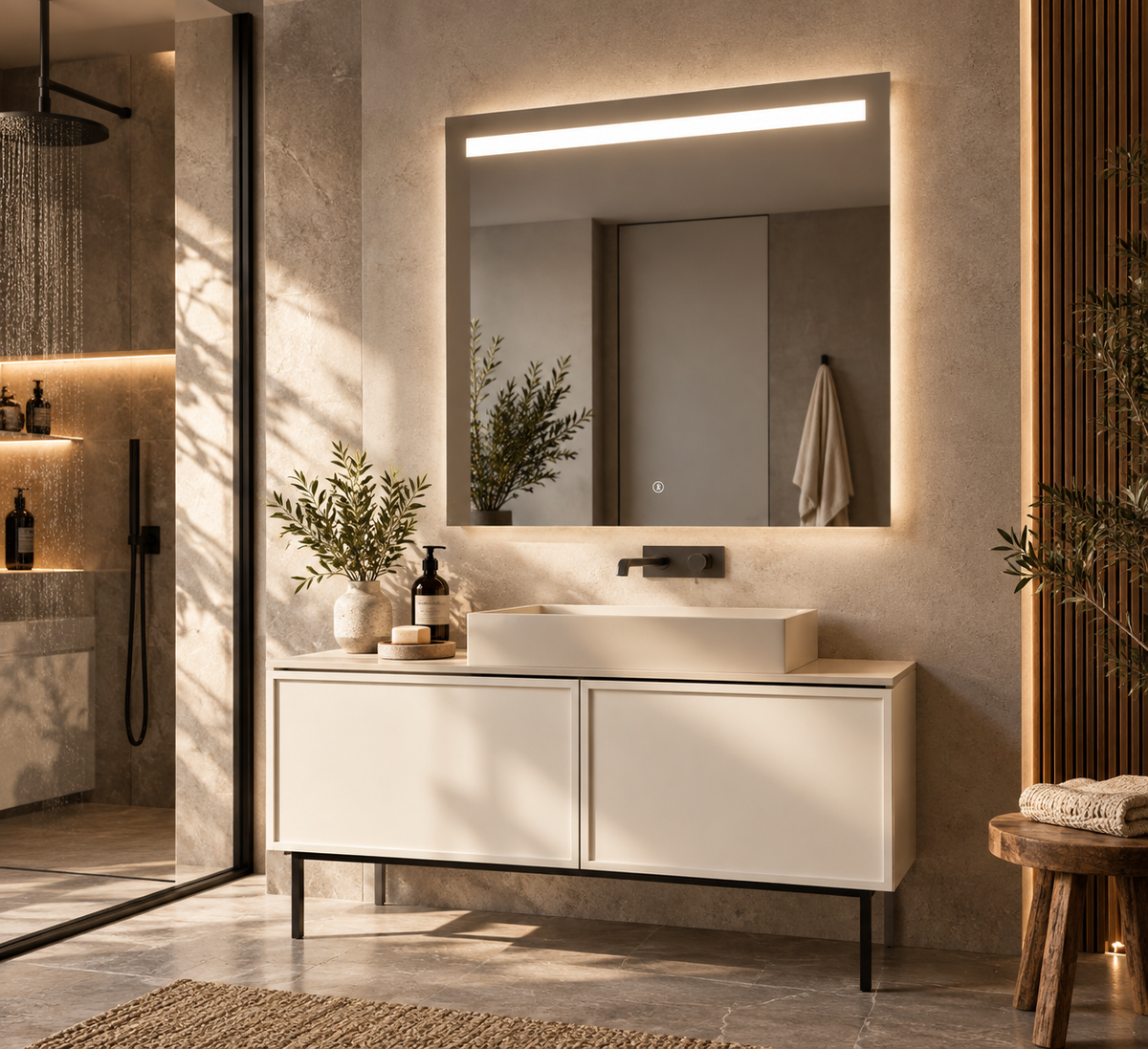 Espejo de baño con luz LED frontal rectangular a medida · Modelo ARECA