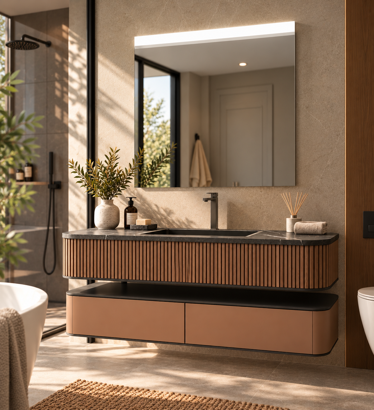 Espejo de baño con luz LED frontal rectangular a medida · Modelo AURALIS