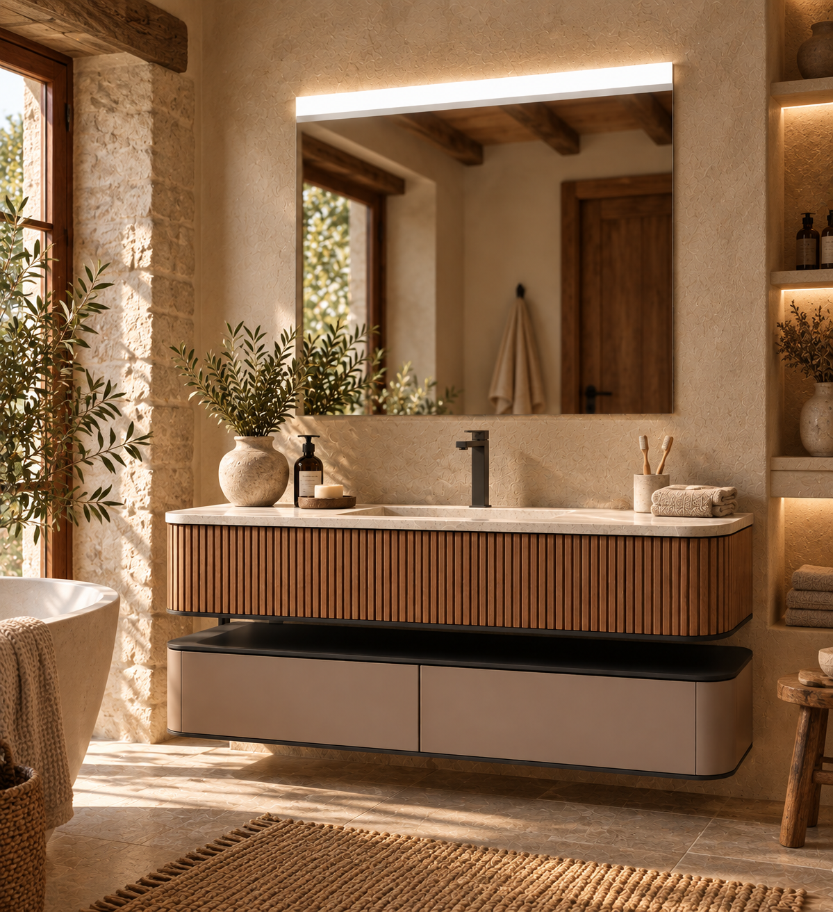Espejo de baño con luz LED frontal rectangular a medida · Modelo AURALIS