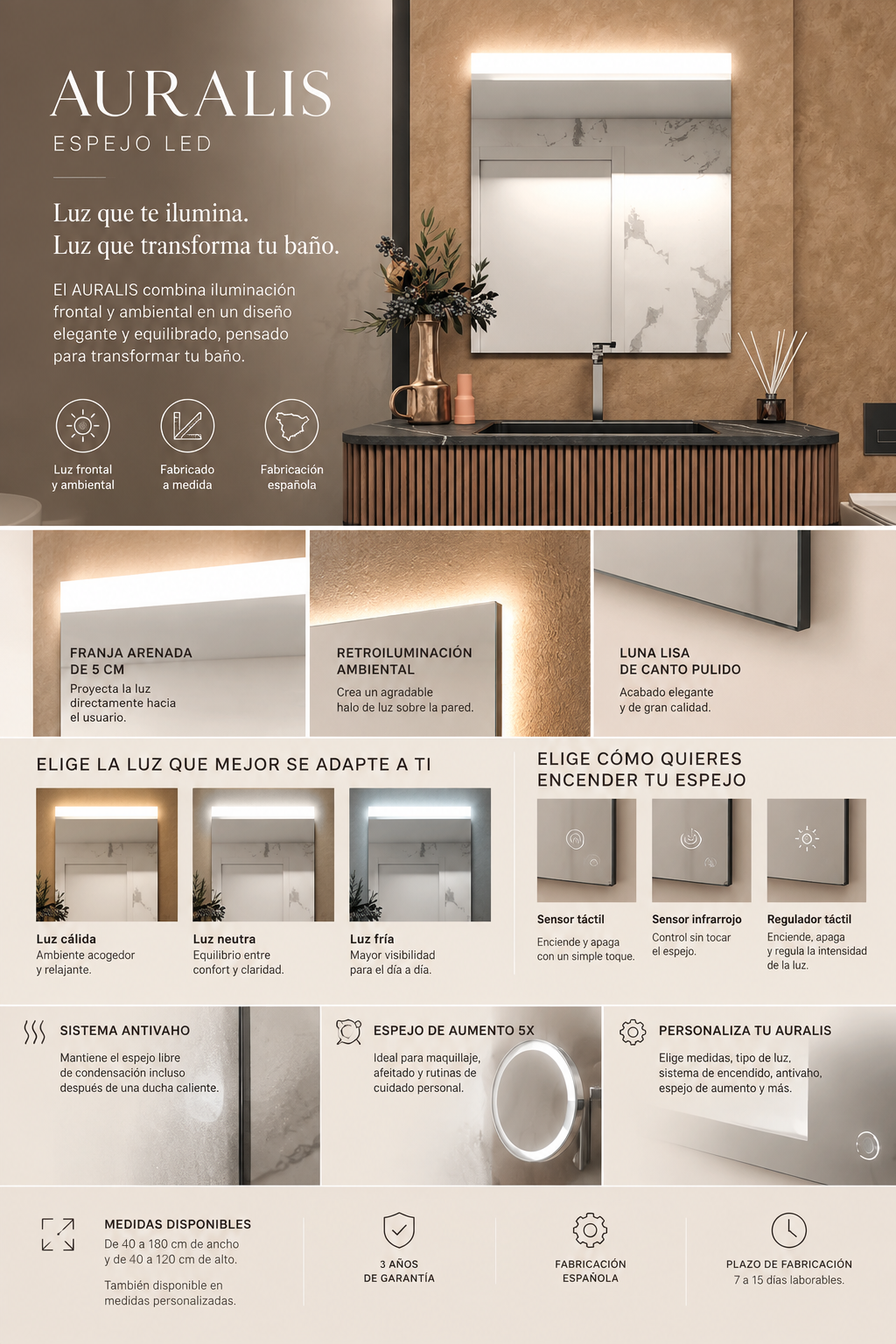 Espejo de baño con luz LED frontal rectangular a medida · Modelo AURALIS