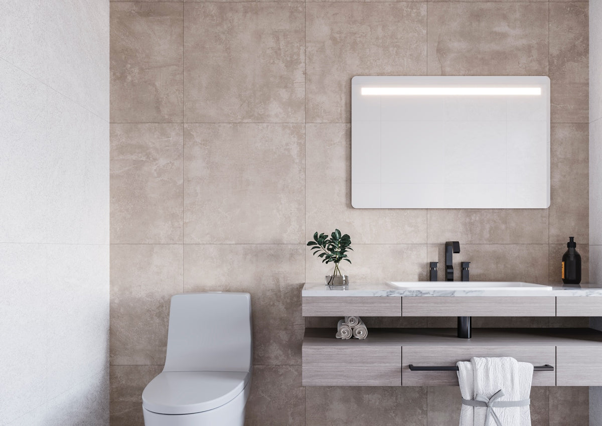 Espejo de baño con luz LED frontal rectangular a medida · Modelo MENSO
