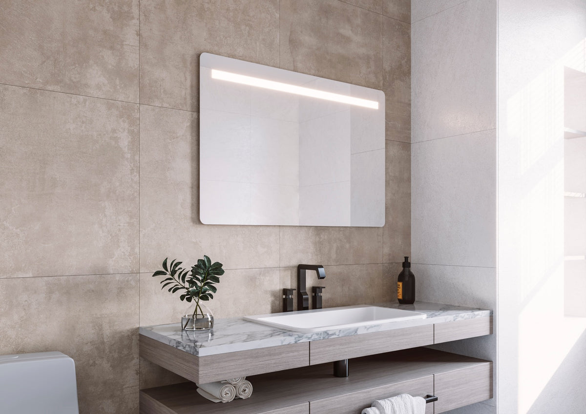 Espejo de baño con luz LED frontal rectangular a medida · Modelo MENSO