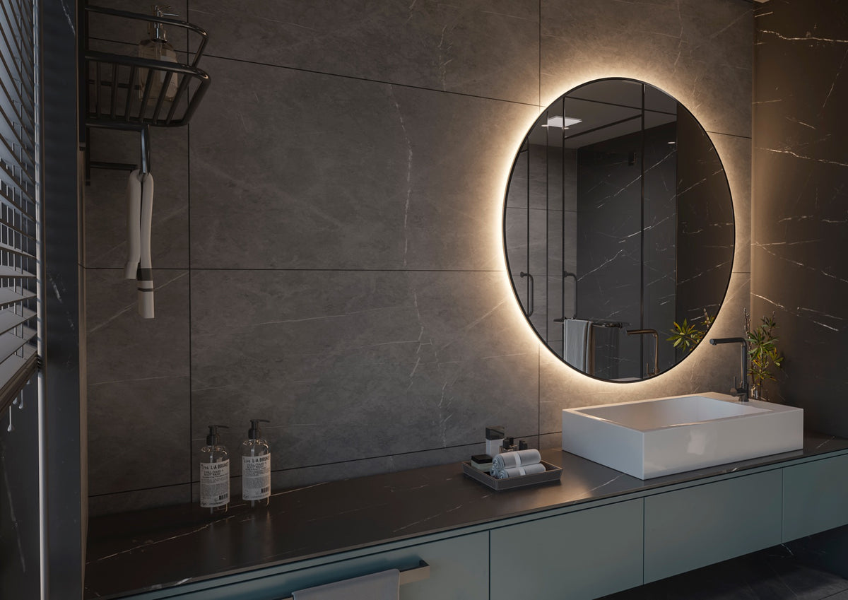 Espejo de baño con luz LED redondo a medida retroiluminado · Modelo MAMBA