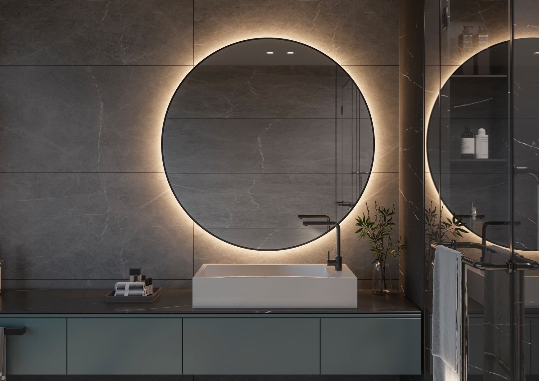 Espejo de baño con luz LED redondo a medida retroiluminado · Modelo MAMBA