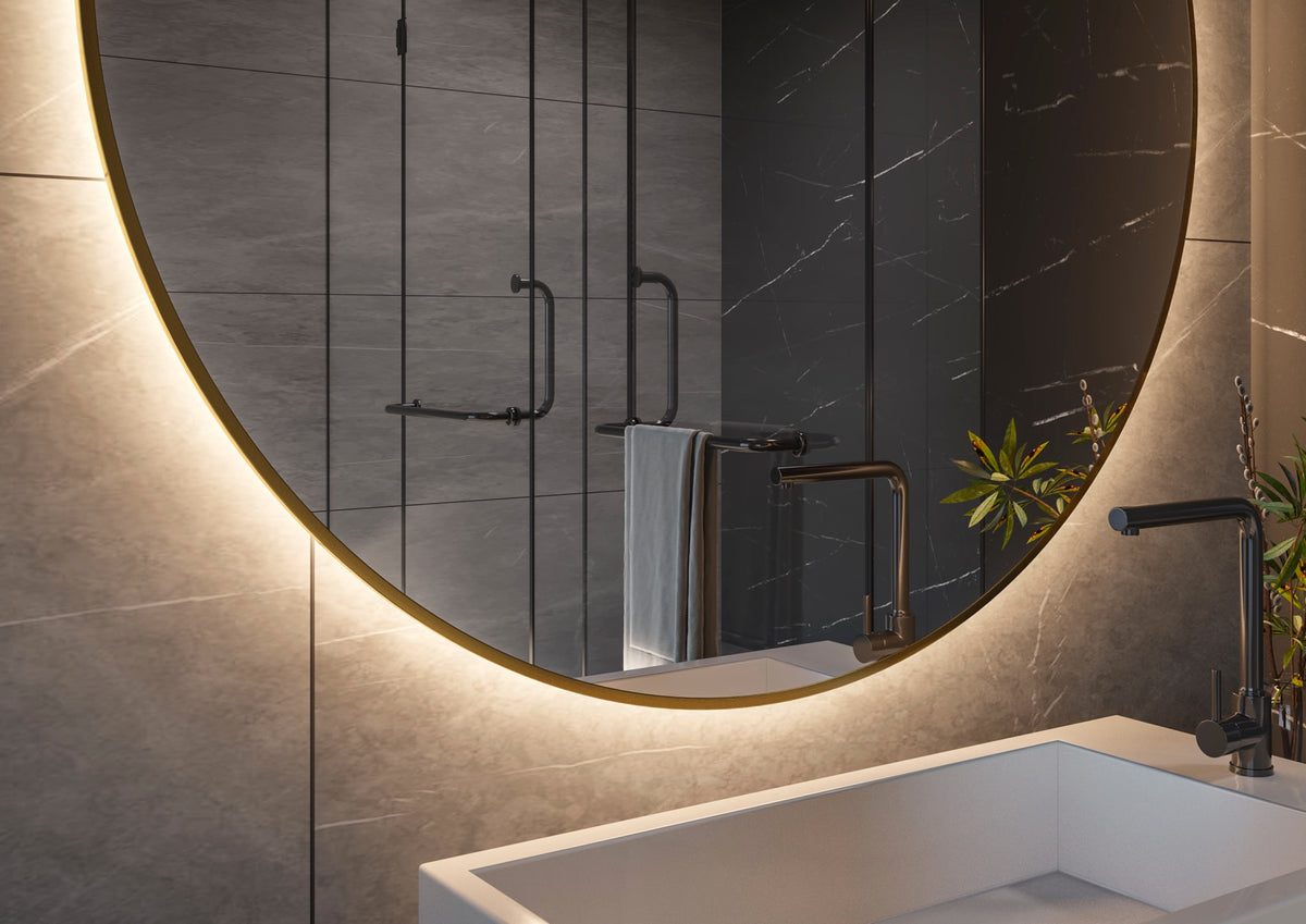 Espejo de baño con luz LED redondo a medida retroiluminado · Modelo MAMBA