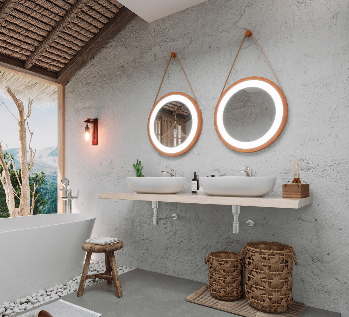 Espejo de baño con luz LED frontal redondo · Modelo WOOD