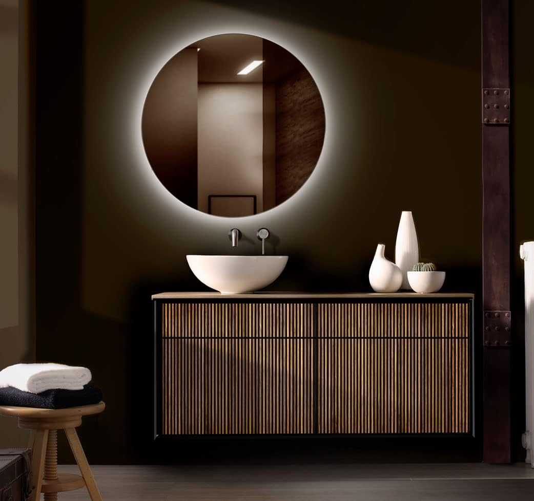 Espejo LED redondo retroiluminado Modelo ALFA en un baño