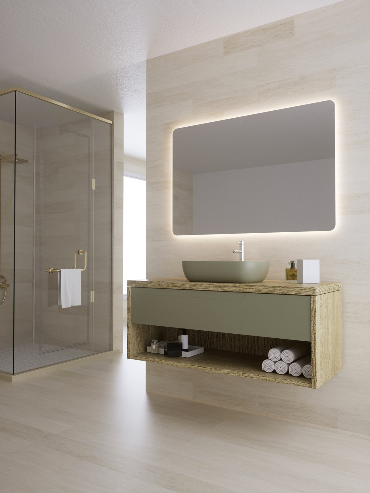Espejo rectangular CLEOME EXPRESS con esquinas redondeadas y luz LED retroiluminada encendida sobre un mueble de baño de madera, junto a la mampara